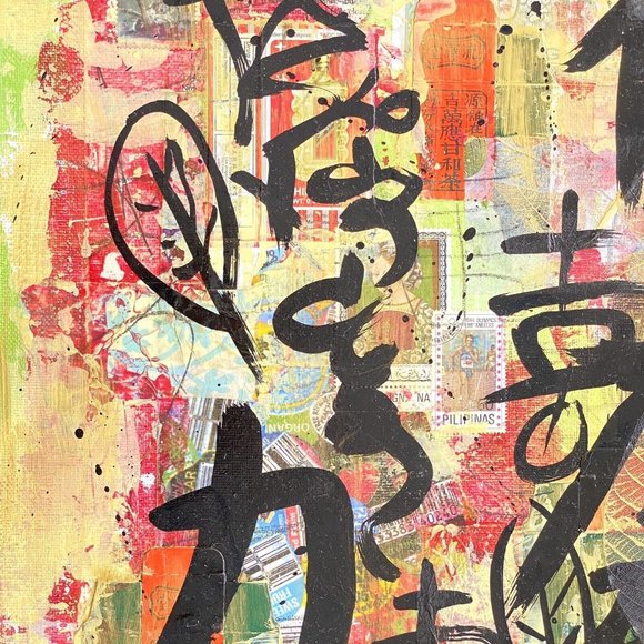 Healthy Life - Original Collage Art Signed Asian Fusion Painting 16”x20” - Picture 6 of 12